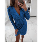 Women's Sequin Wrap Mini Dress Long Sleeve V-Neck