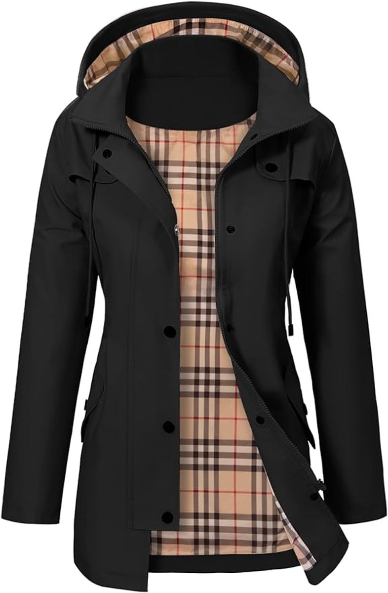 Women's Hooded Raincoat with Fleece Check Lining