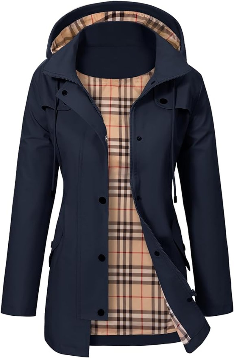 Women's Hooded Raincoat with Fleece Check Lining
