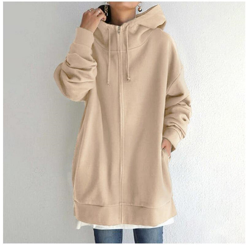 Women’s Oversized Longline Zip-Up Hoodie – Relaxed Hooded Sweatshirt Jacket with Pockets for Casual Autumn and Winter Layering