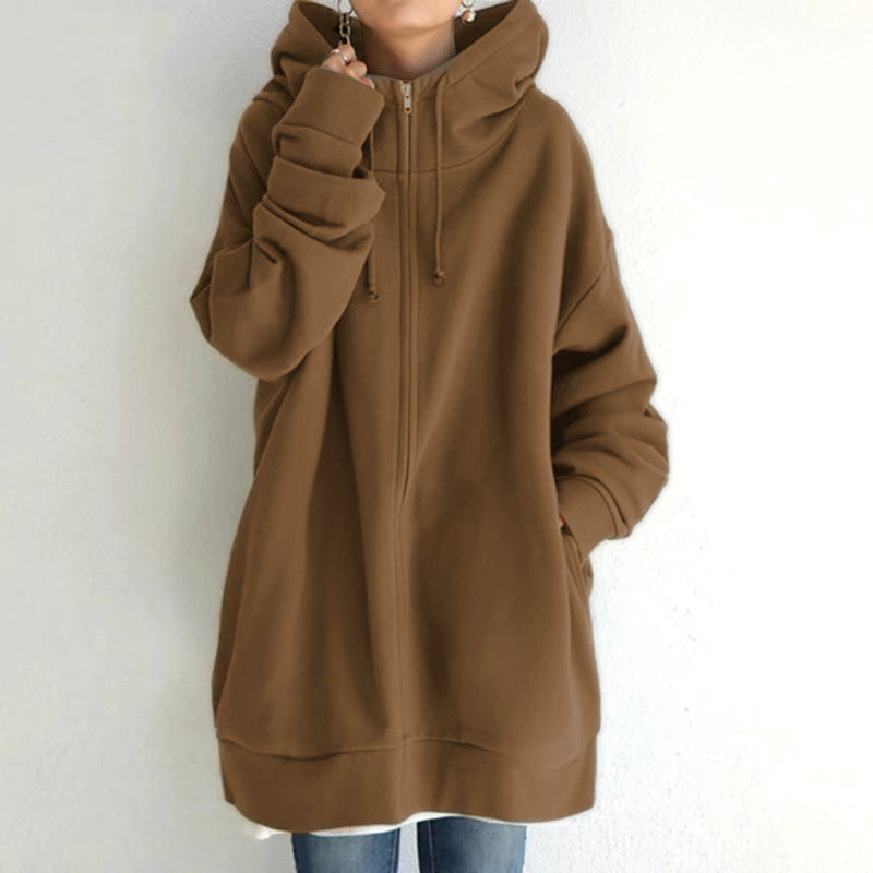 Women’s Oversized Longline Zip-Up Hoodie – Relaxed Hooded Sweatshirt Jacket with Pockets for Casual Autumn and Winter Layering