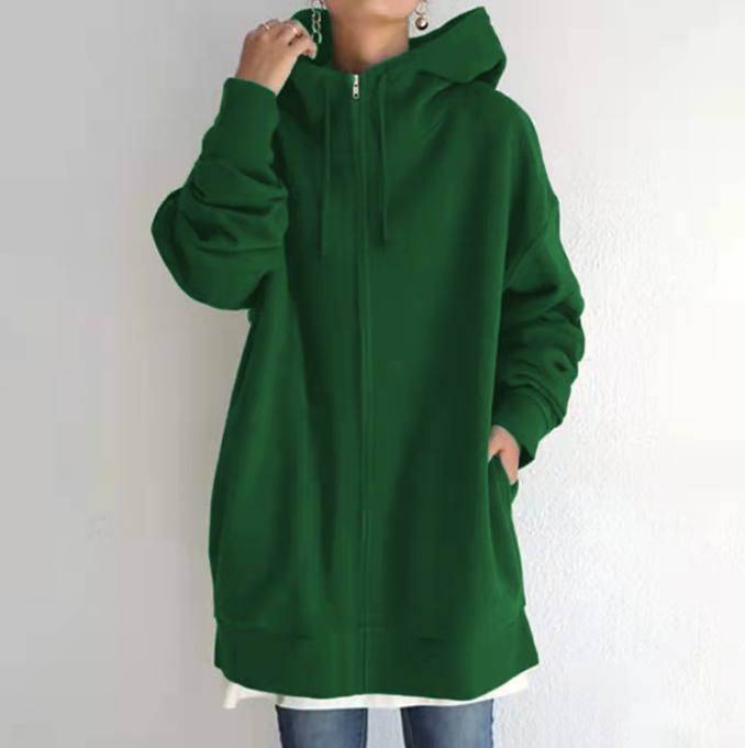 Women’s Oversized Longline Zip-Up Hoodie – Relaxed Hooded Sweatshirt Jacket with Pockets for Casual Autumn and Winter Layering