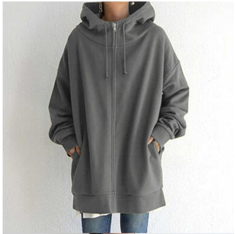 Women’s Oversized Longline Zip-Up Hoodie – Relaxed Hooded Sweatshirt Jacket with Pockets for Casual Autumn and Winter Layering