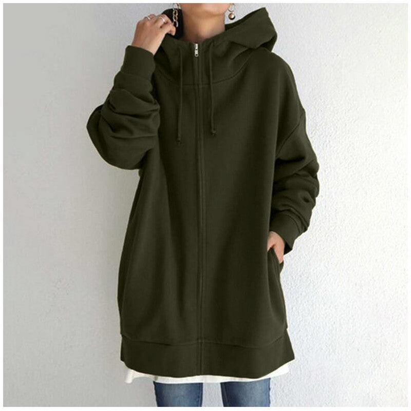 Women’s Oversized Longline Zip-Up Hoodie – Relaxed Hooded Sweatshirt Jacket with Pockets for Casual Autumn and Winter Layering