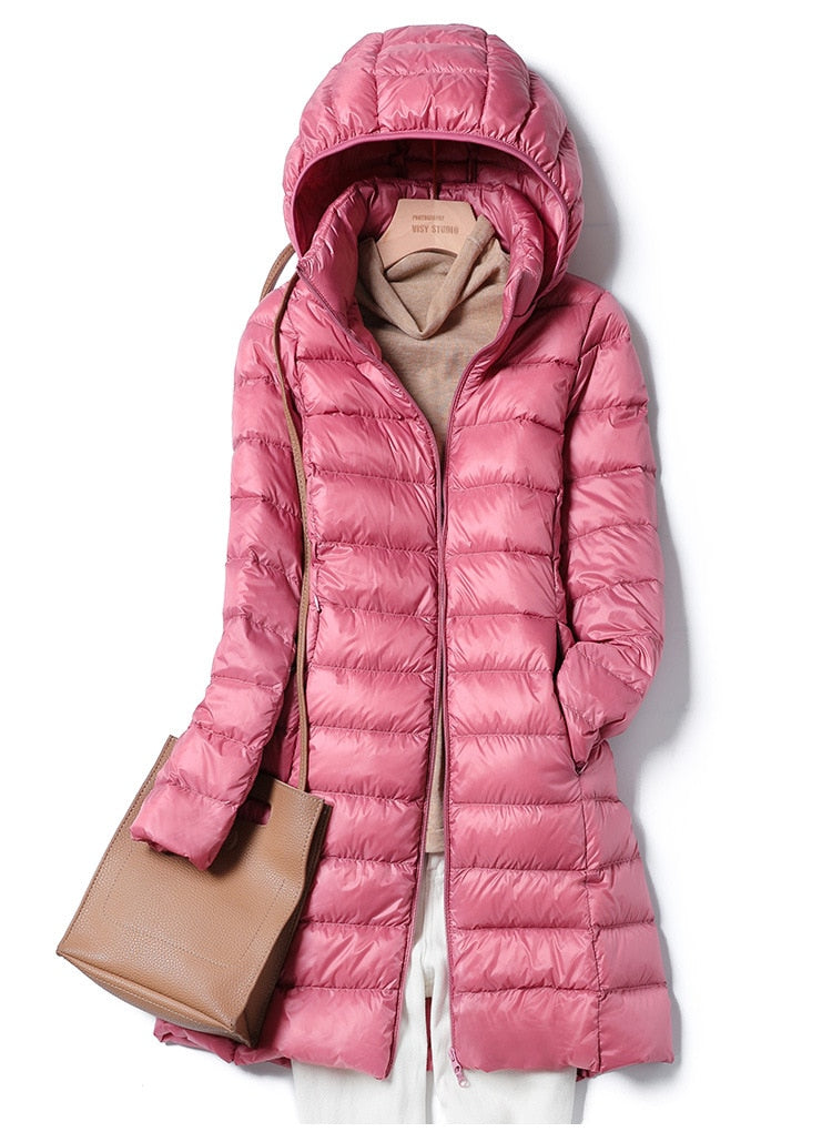Women’s Longline Hooded Puffer Coat – Ultralight Quilted Winter Layer for Everyday Cold-Weather Wear