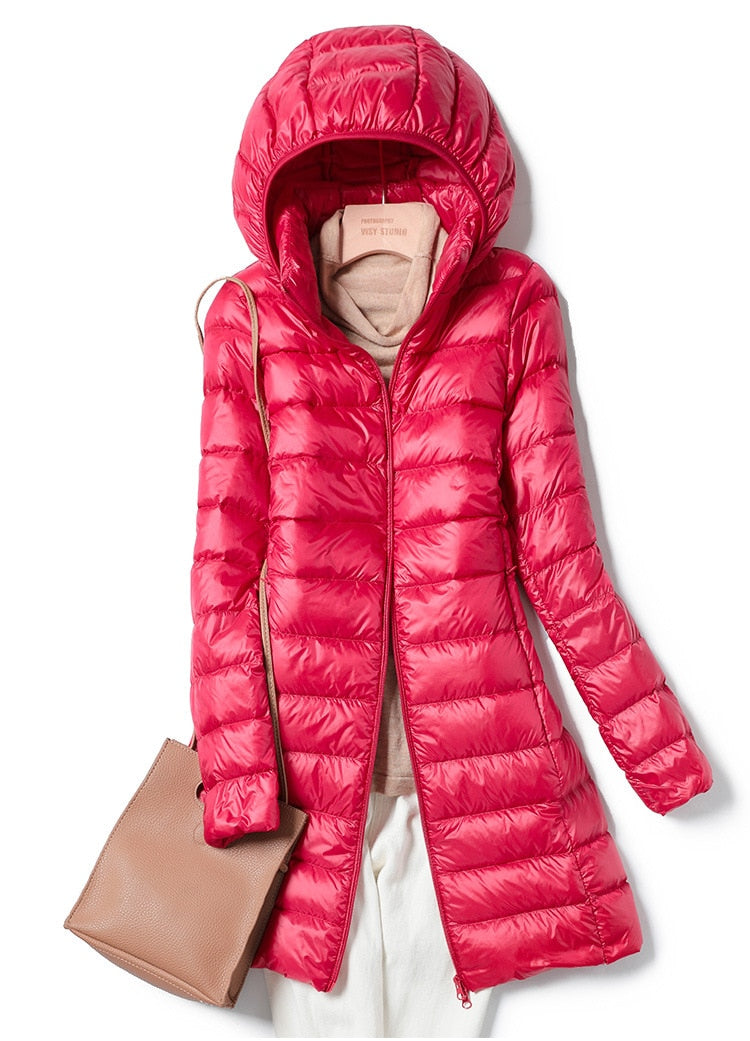 Women’s Longline Hooded Puffer Coat – Ultralight Quilted Winter Layer for Everyday Cold-Weather Wear