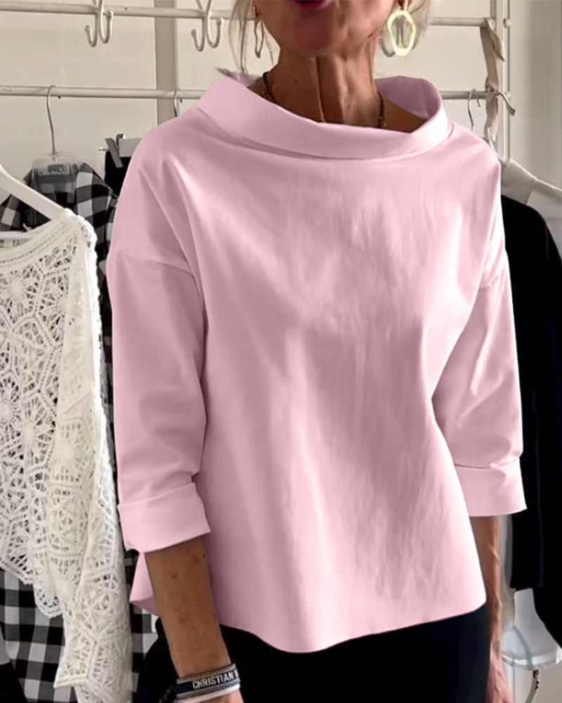 Women’s Wide-Neck Cotton Blouse – Relaxed Three-Quarter Sleeve Top for Polished Everyday Wear