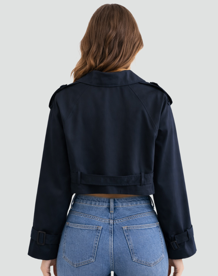 Women’s Cropped Belted Trench Jacket Tailored Double Button Outerwear