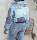 Women’s Cropped Padded Denim Puffer Jacket with High Funnel Collar and Patchwork Panels – Warm Casual Streetwear Outerwear for Autumn and Winter