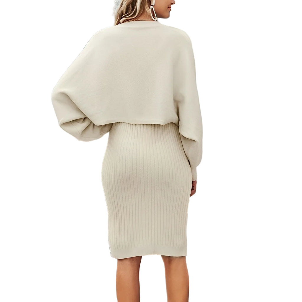 Women’s Lantern-Sleeve Knit Skirt Set – Cropped Crew-Neck Jumper with Ribbed Midi Skirt for Autumn and Winter