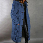 Women’s Long Cable Knit Cardigan – Chunky Hooded Winter Layer with Pockets