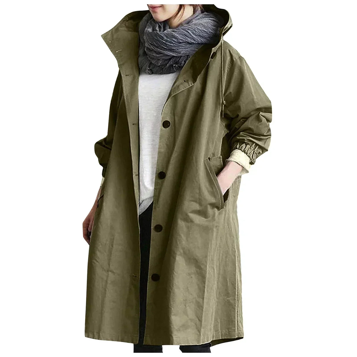 Women's Button-Front Trench Coat with Hood and Pockets