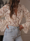 Women’s Lace Blouse Sheer V Neck Flared Sleeve Top