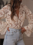 Women’s Lace Blouse Sheer V Neck Flared Sleeve Top