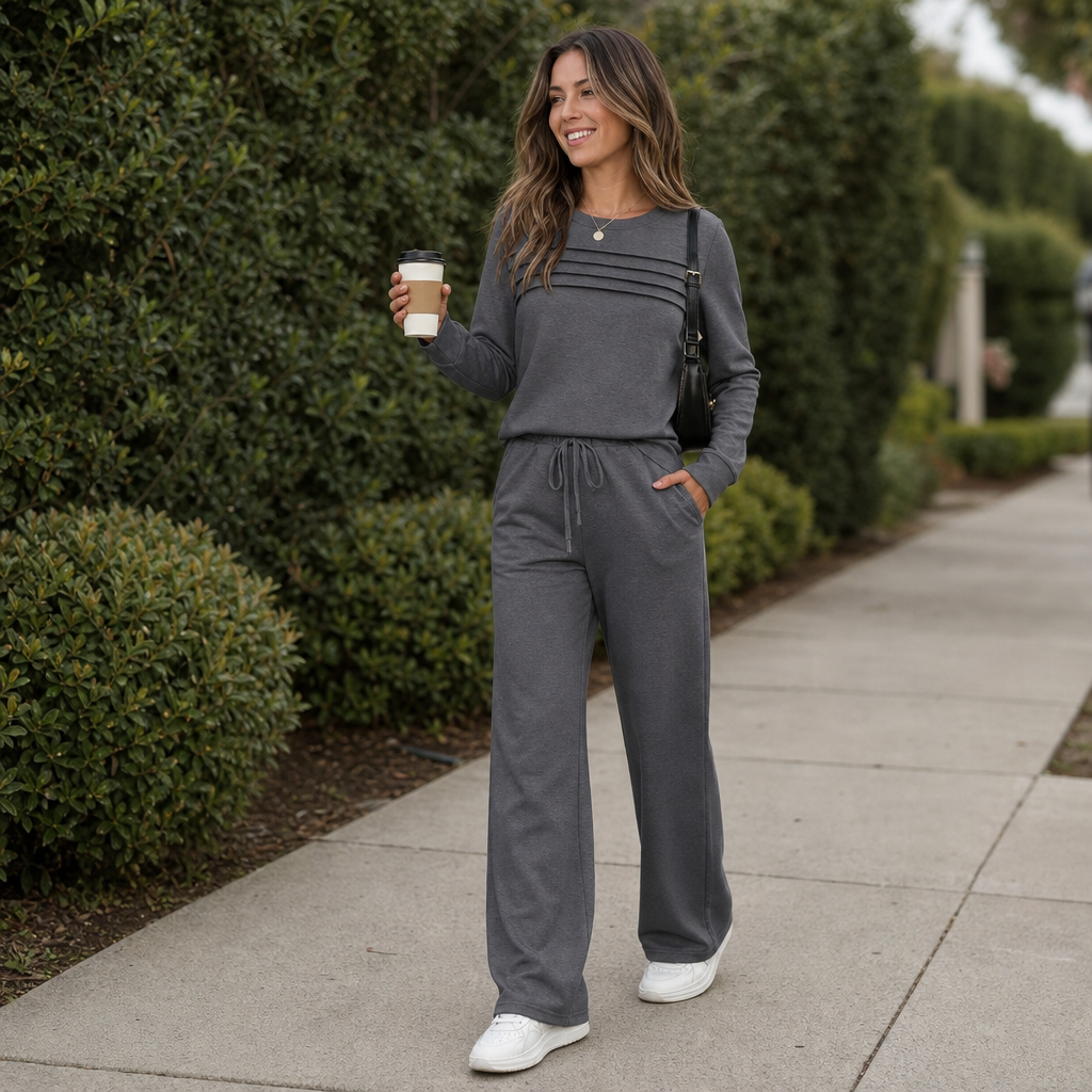 Wearbella | Pleated Crew Neck Drawstring Lounge Set