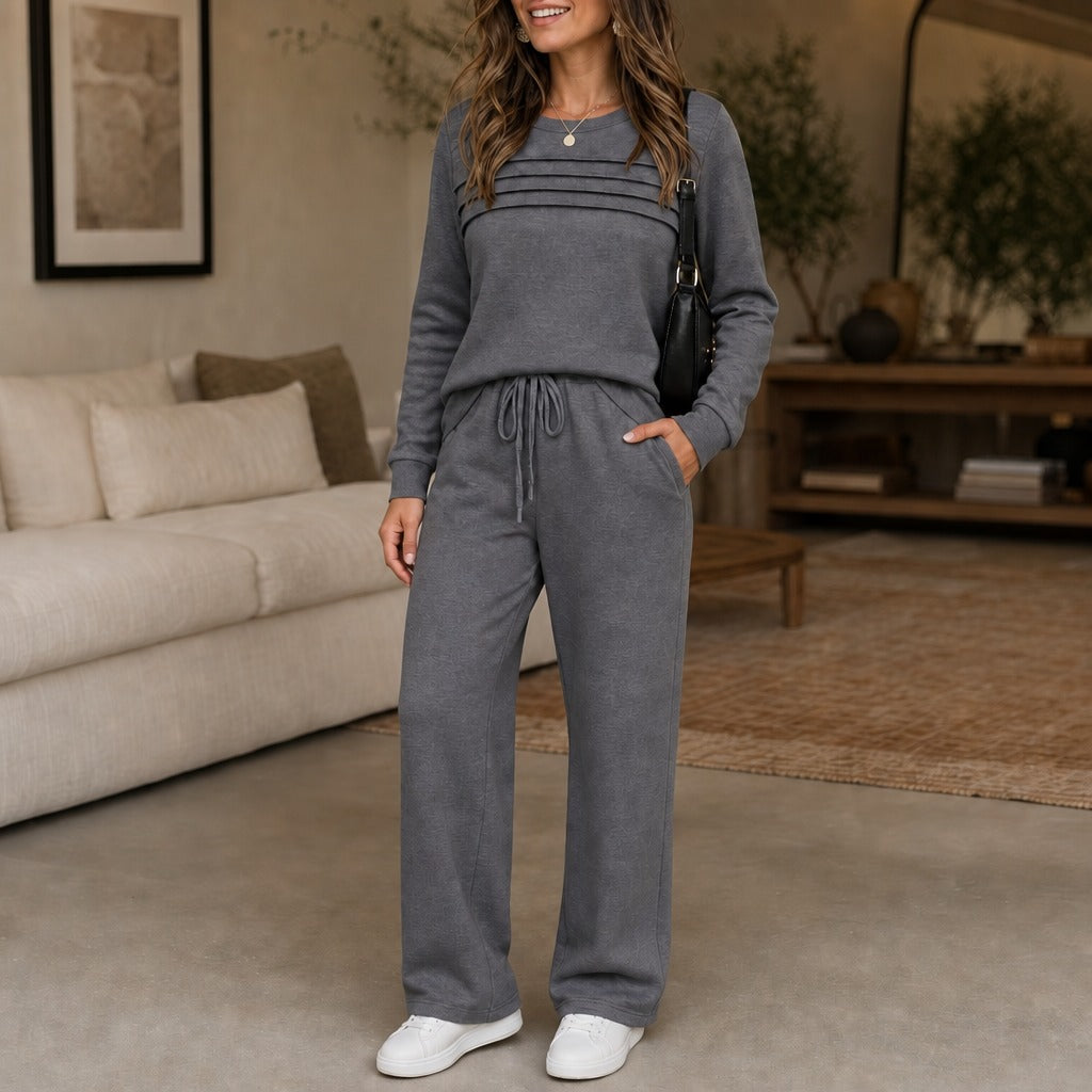 Wearbella | Pleated Crew Neck Drawstring Lounge Set