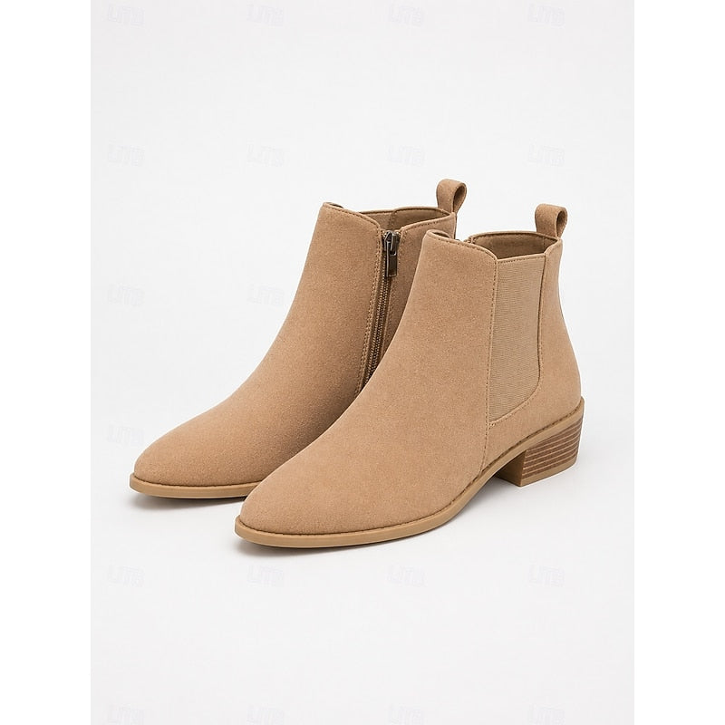 Women's Pointed Toe Chelsea Ankle Boots Low Block Heel
