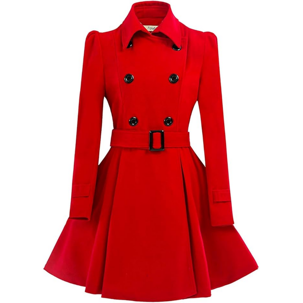 Women's Double-Breasted Belted Coat with Flared Skirt