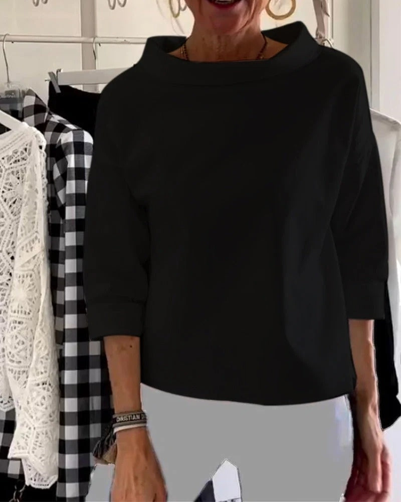 Women’s Boat-Neck Blouse – Relaxed Three-Quarter Sleeve Top for Everyday and Office Wear