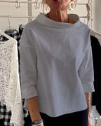 Women’s Boat-Neck Blouse – Relaxed Three-Quarter Sleeve Top for Everyday and Office Wear