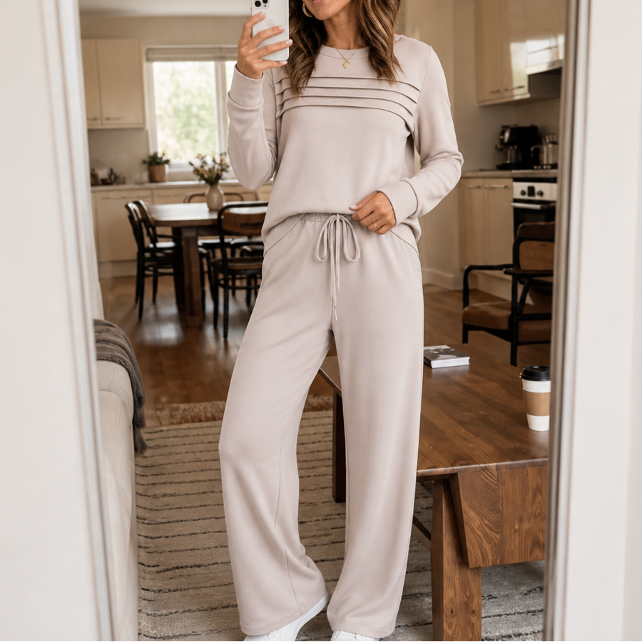 Wearbella | Pleated Crew Neck Drawstring Lounge Set