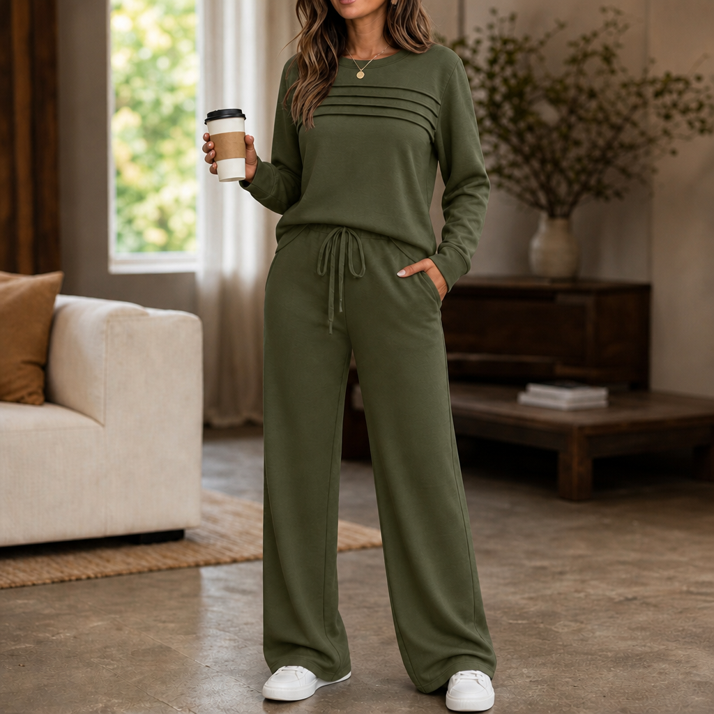 Wearbella | Pleated Crew Neck Drawstring Lounge Set