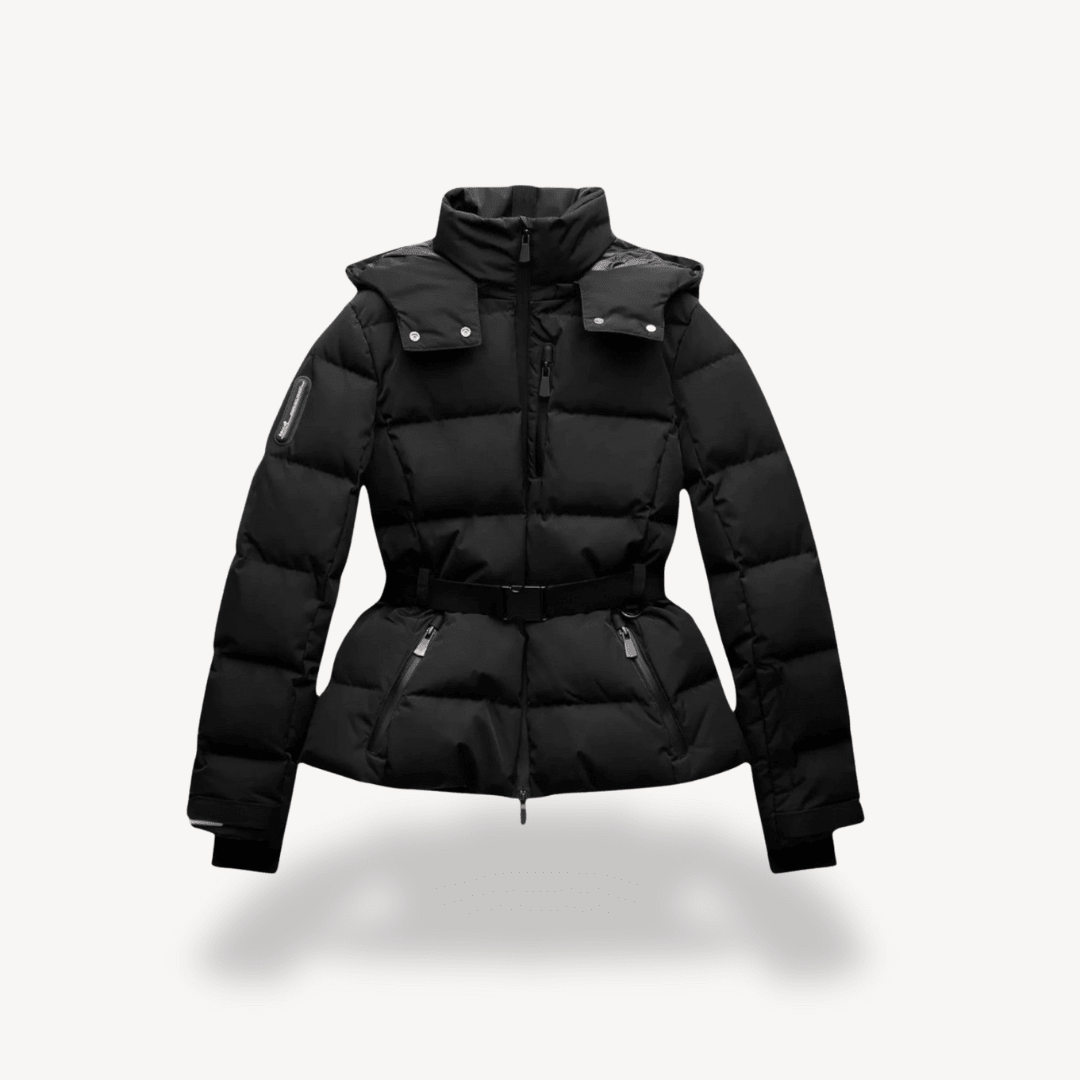 Women’s Belted Hooded Puffer Jacket – Quilted Winter Coat with High Collar and Zip Pockets