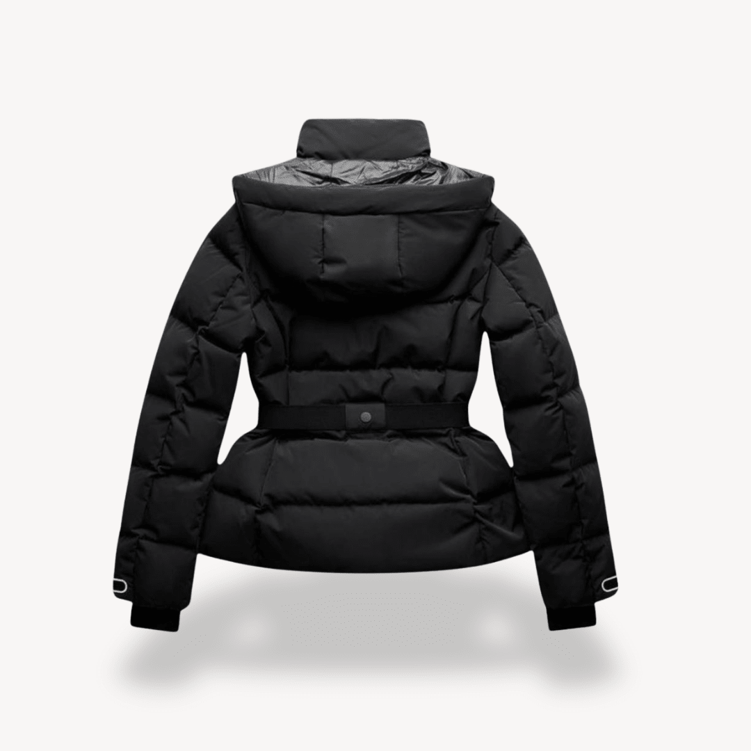 Women’s Belted Hooded Puffer Jacket – Quilted Winter Coat with High Collar and Zip Pockets